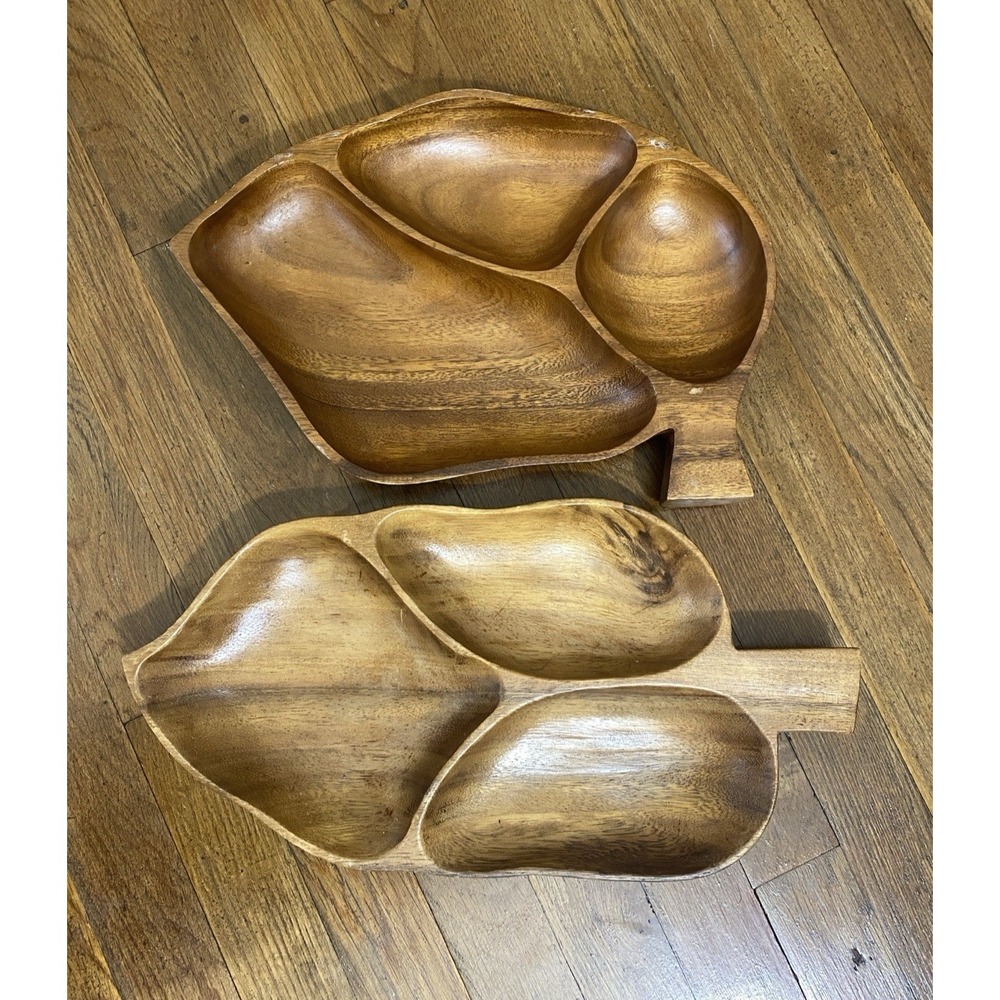 TWO Vtg Leaf Shaped Divided Carved Wooden Serving Dish Nut‎ Bowl Candy Chip Tray